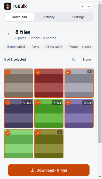 IGBulk's actual selection preview using a fictional demonstration account