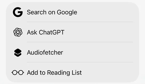 Il menu Condividi di YouTube su iPhone con il comando AudioFetcher nell’elenco.